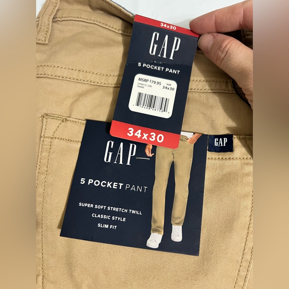 NWT Gap Men’s Stretch Slim Fit 5 Pocket Soft Stretch Pant Twill Tannin Tan 34x30 - Picture 4 of 6